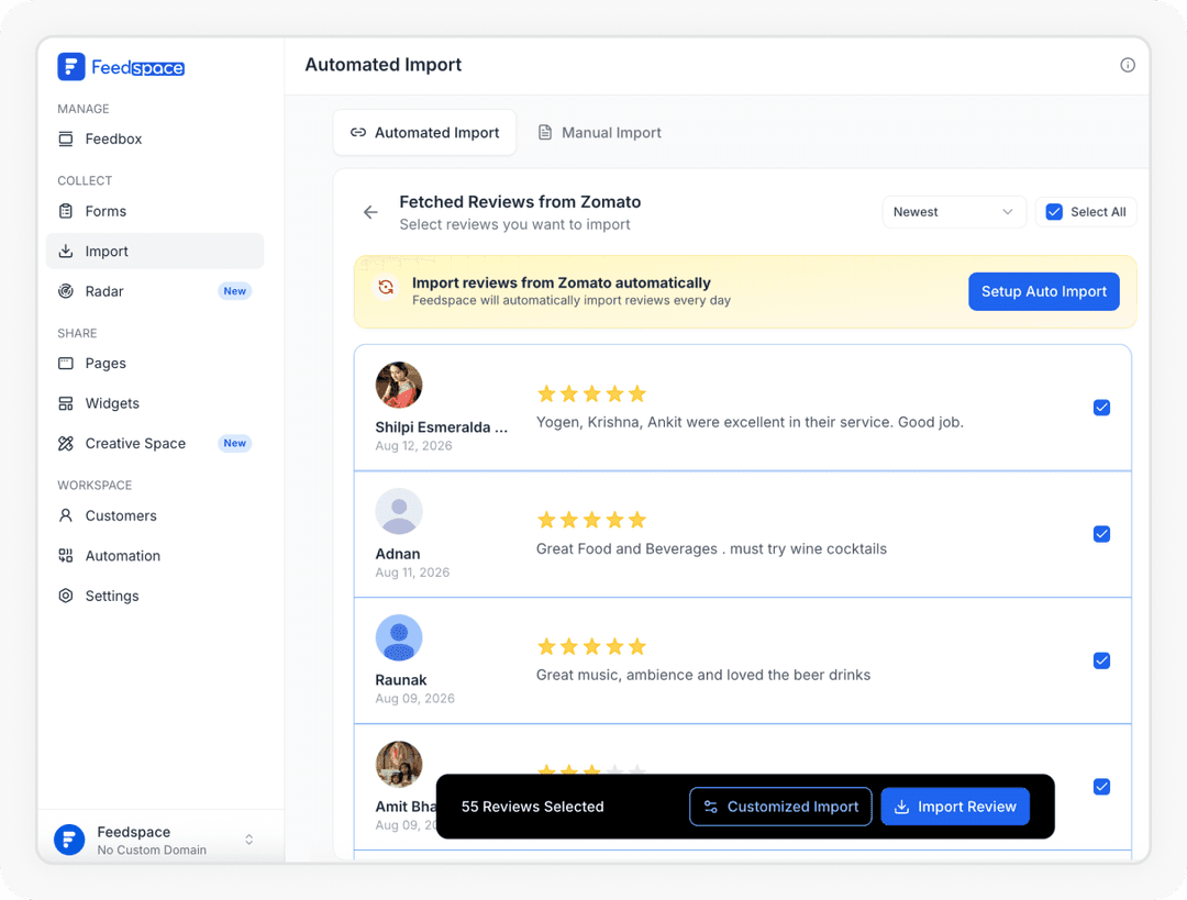 Reviews being selected to Import Zomato Reviews