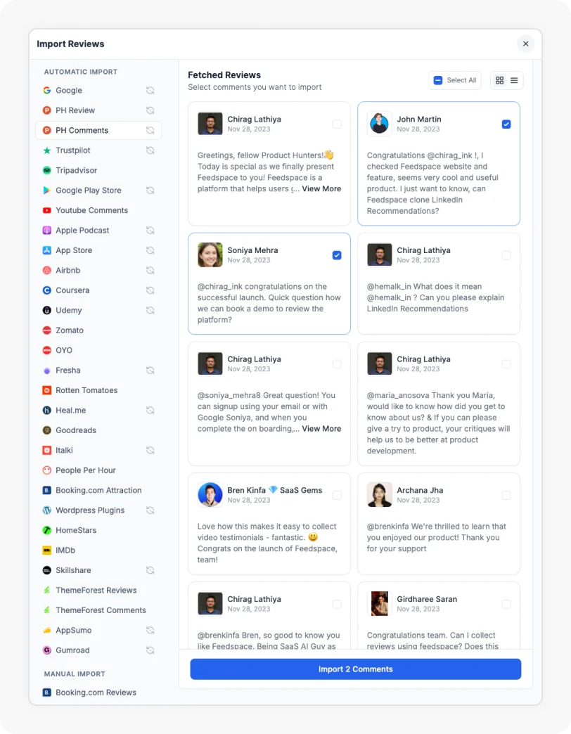 Comments selected to Import Product Hunt Comments