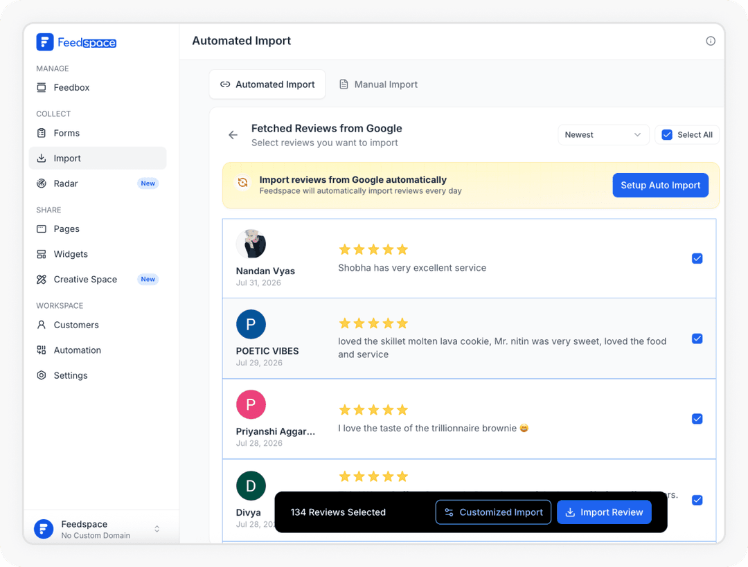 Reviews being selected to Import Google reviews