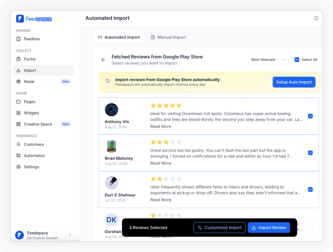Reviews being selected to Import Google Play Reviews