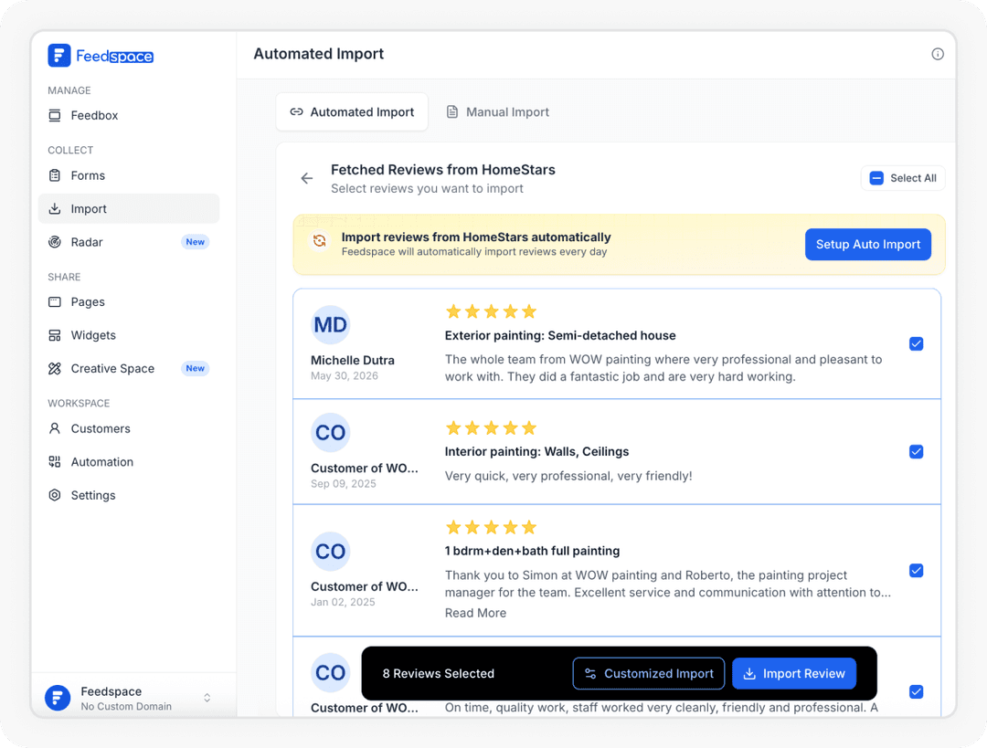 Reviews being selected to Import Homestars reviews