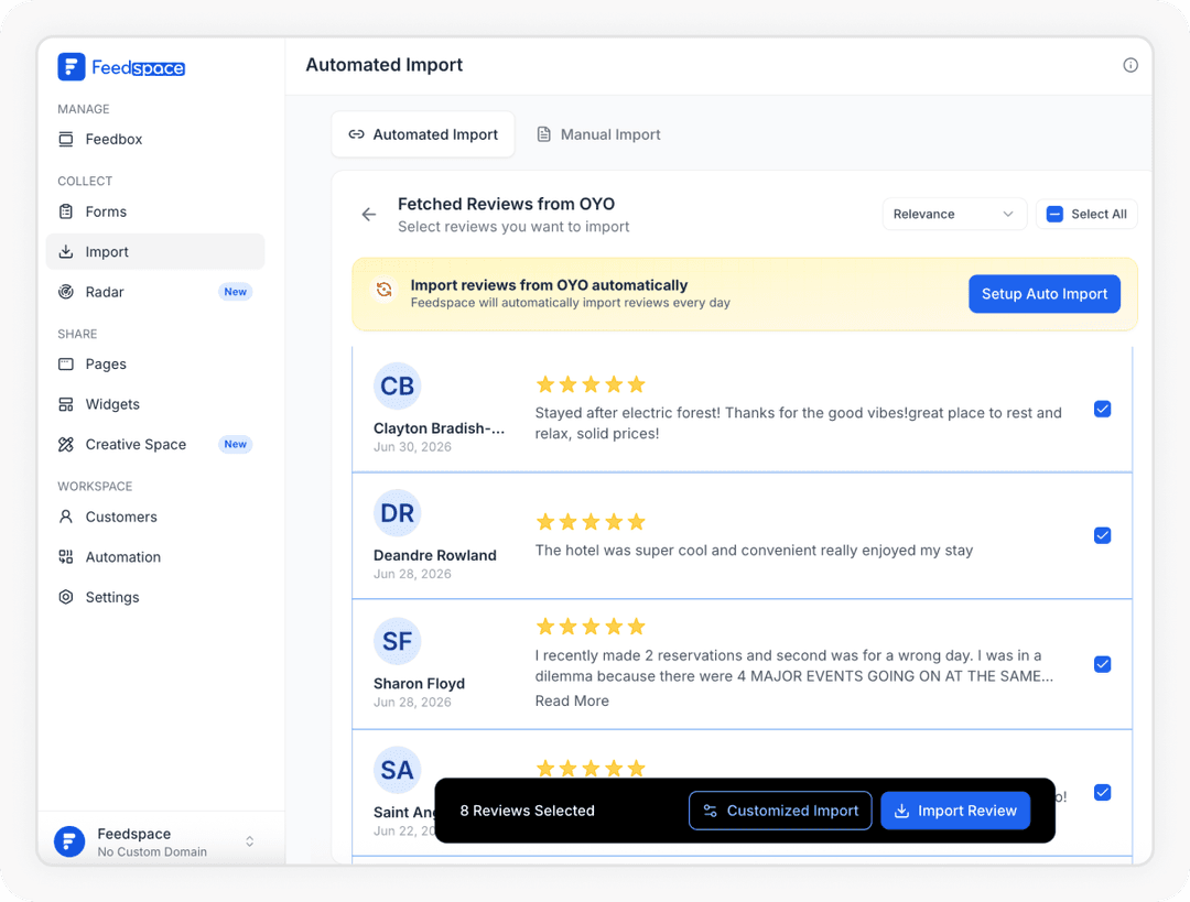 Reviews being selected to Import OYO reviews