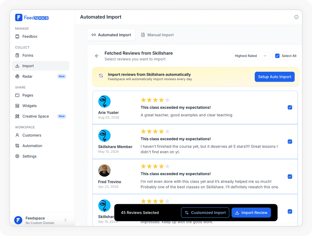 Reviews being selected to Import Skillshare reviews