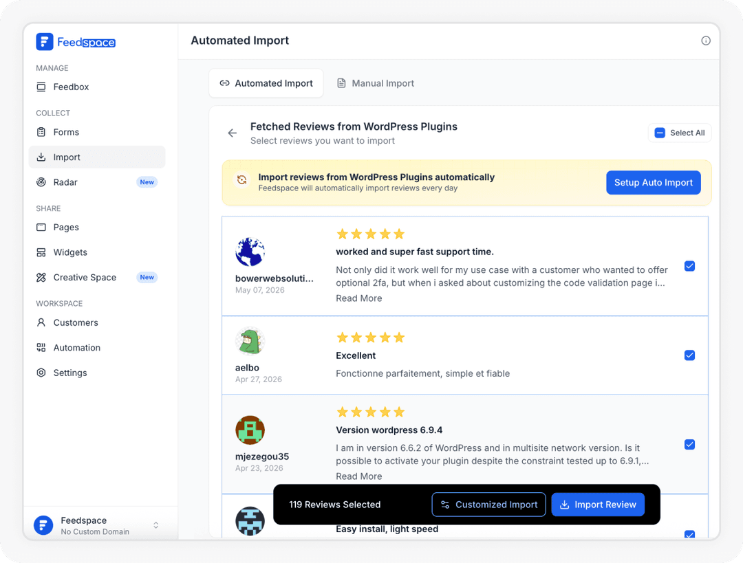 Reviews being selected to Import WordPress Plugin Review
