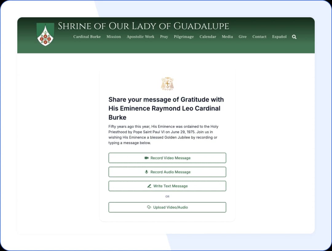 Shrine of Our Lady of Guadalupe feedback form for collecting wishes and prayers for His Eminence’s Golden Jubilee