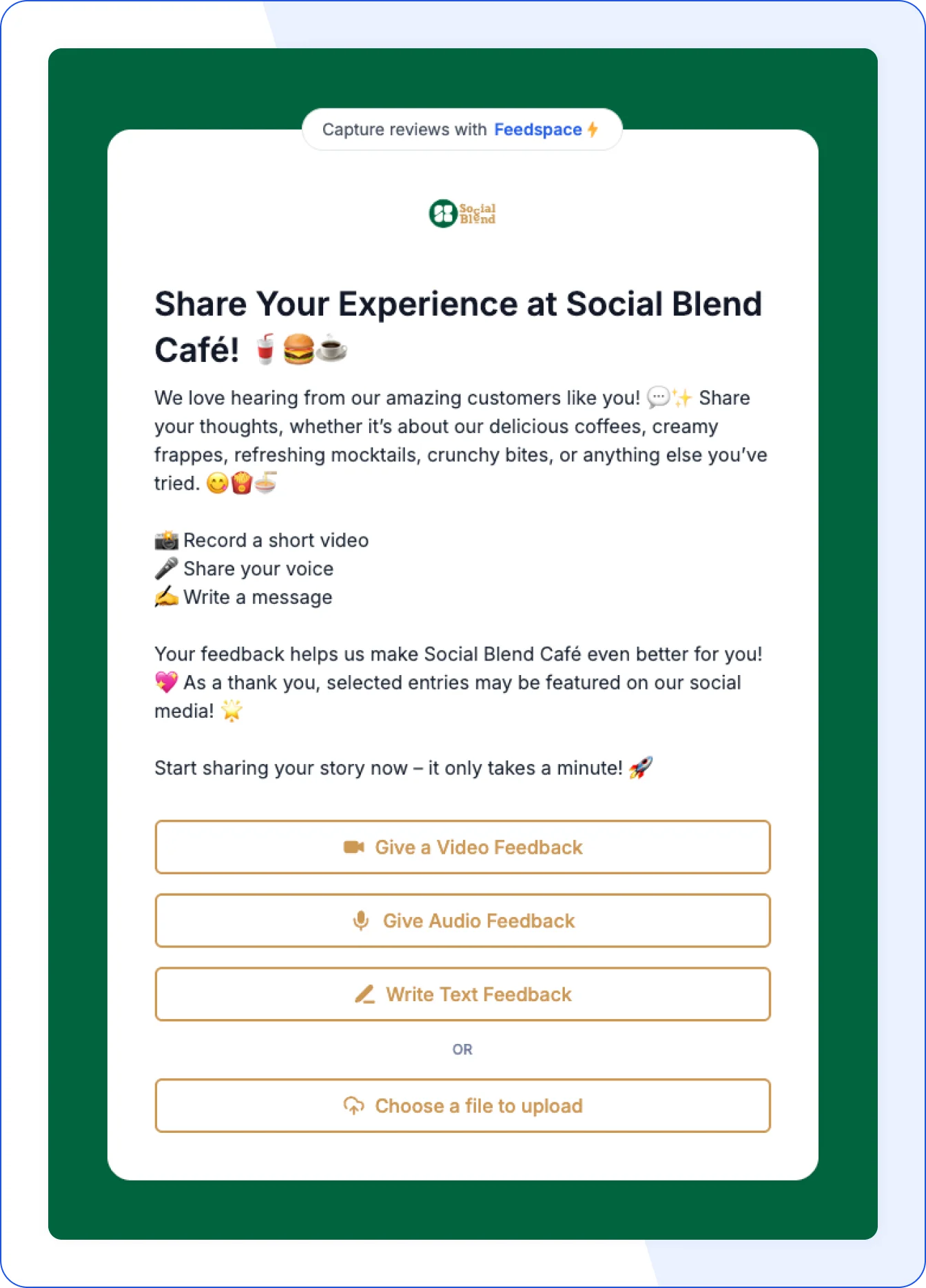 Customer review form for Social Blend Cafe