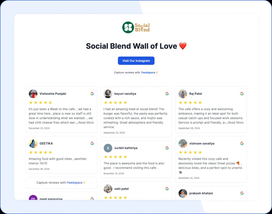 Customer reviews displayed on the Social Blend Cafe Wall of Love