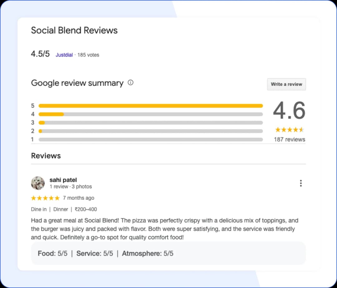 Customer Google reviews for Social Blend Cafe highlighting service and ambiance
