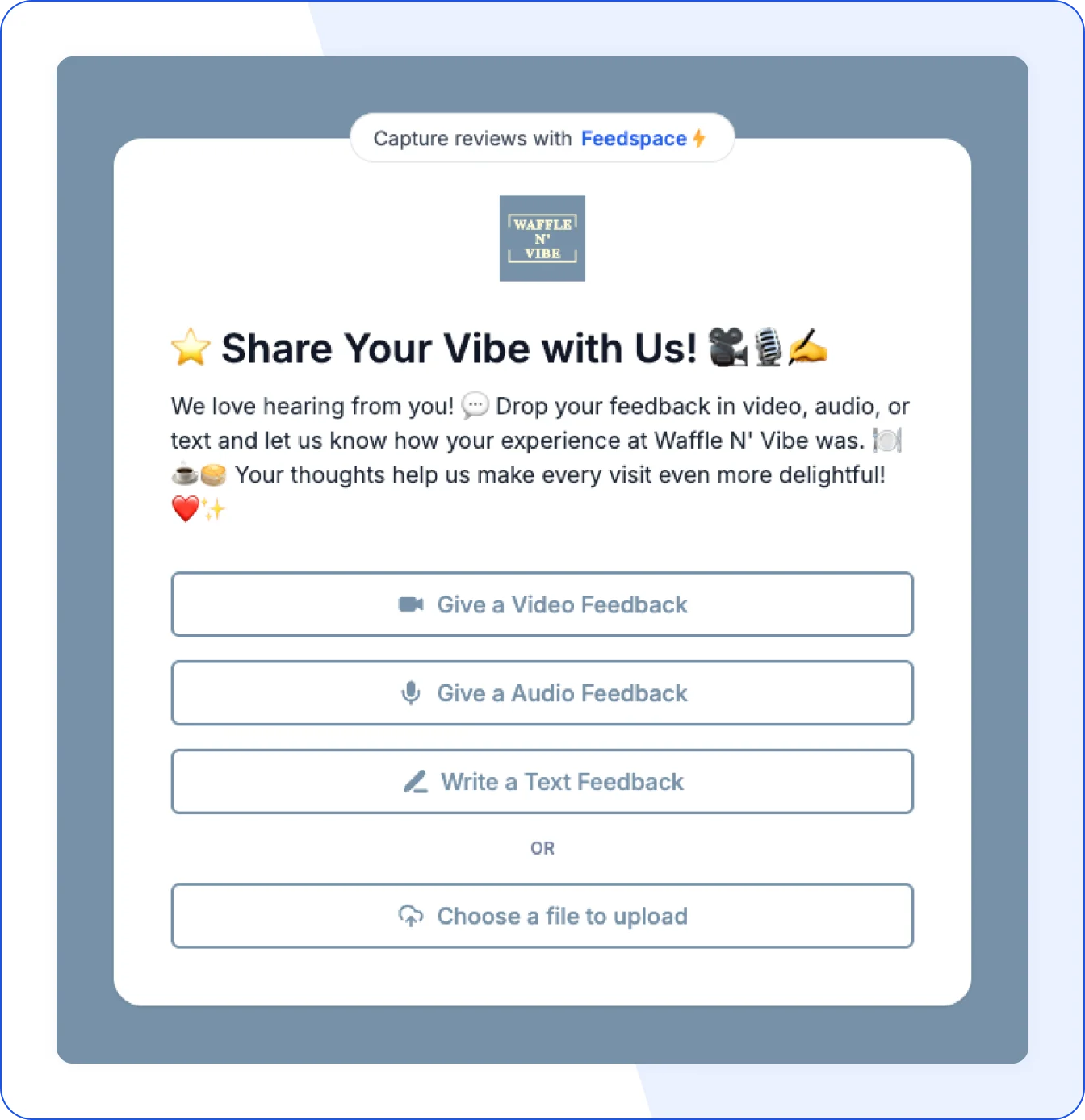 Waffle N’Vibe customer review form created using the Feedspace platform