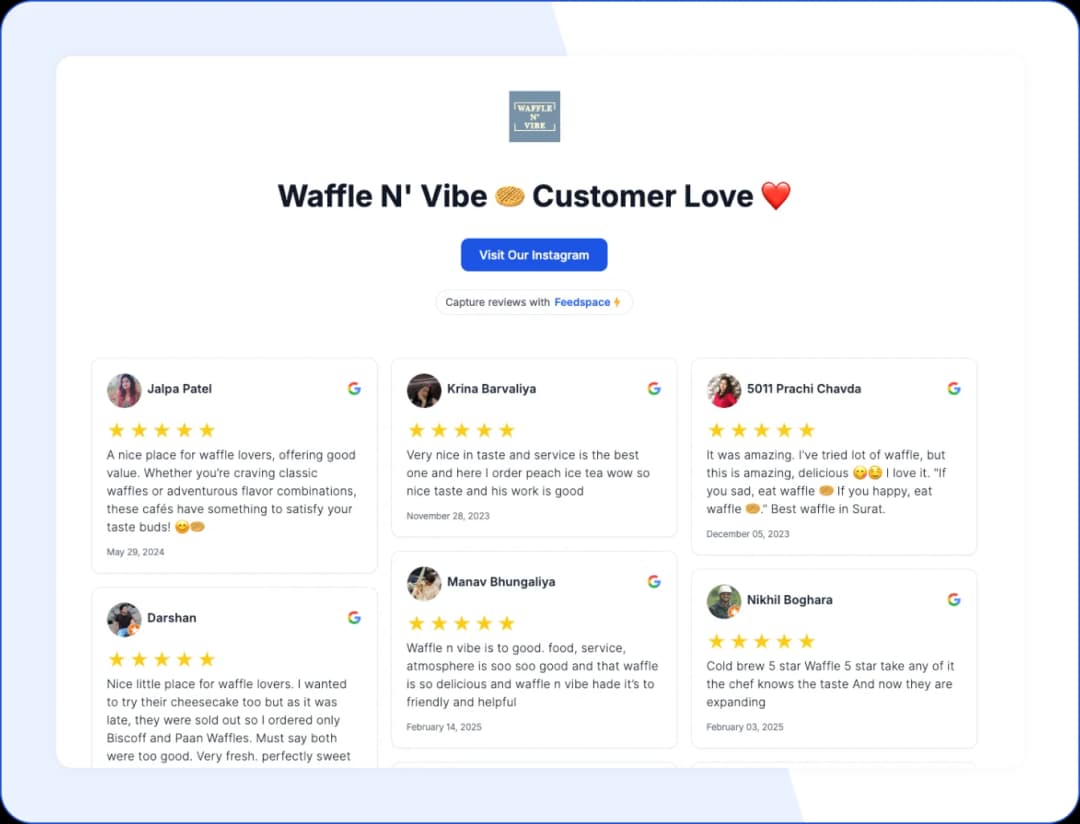 Customer reviews displayed on Waffle N’Vibe’s Wall of Love, showcasing positive feedback and star ratings