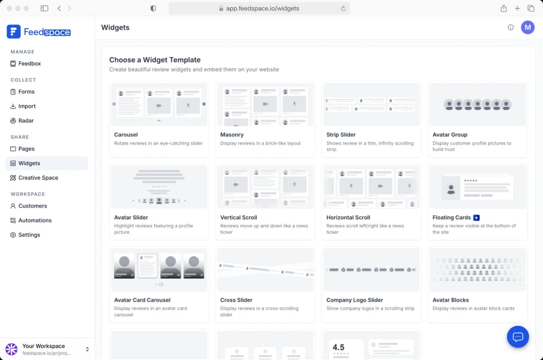 Choosing a testimonial widget template in Feedspace