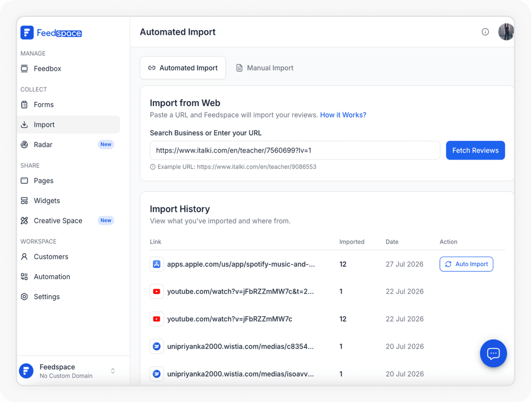 Adding the Italki URL to import reviews into Feedspace