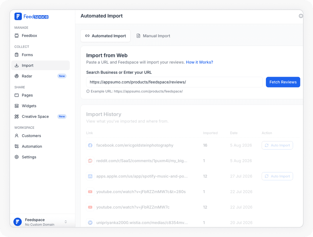 Adding the Appsumo URL to import reviews into Feedspace