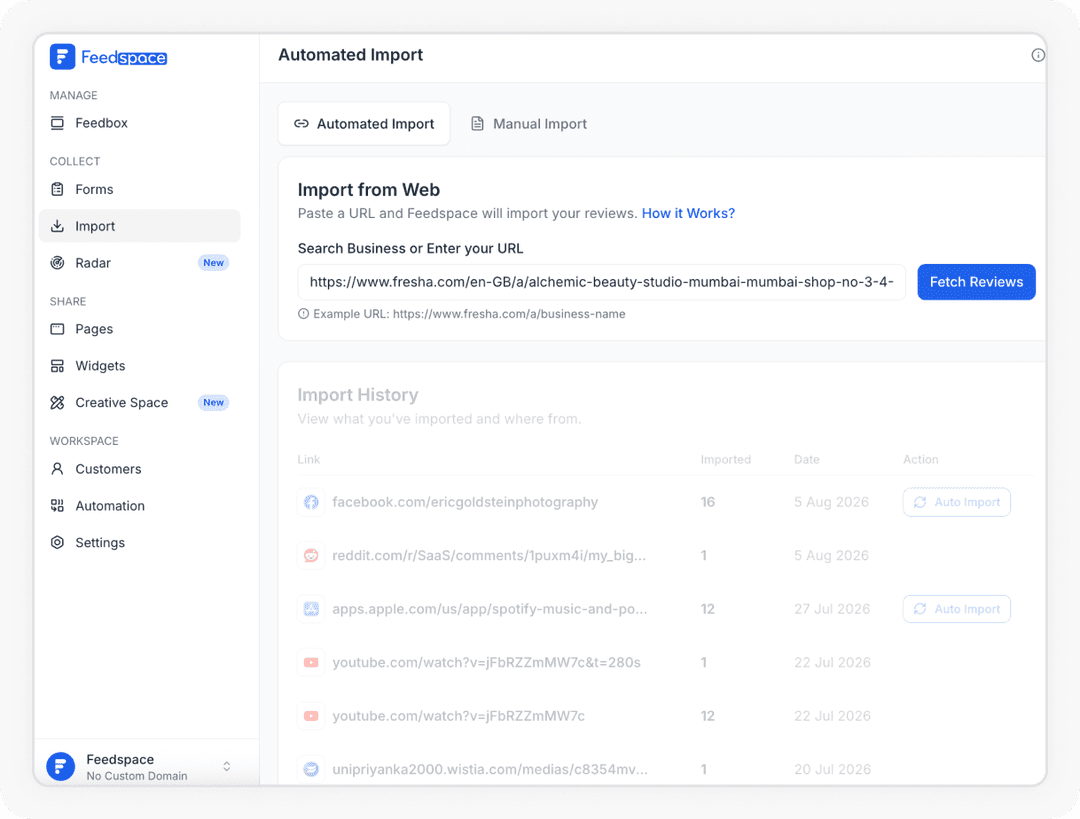Adding the Fresha URL to import reviews into Feedspace