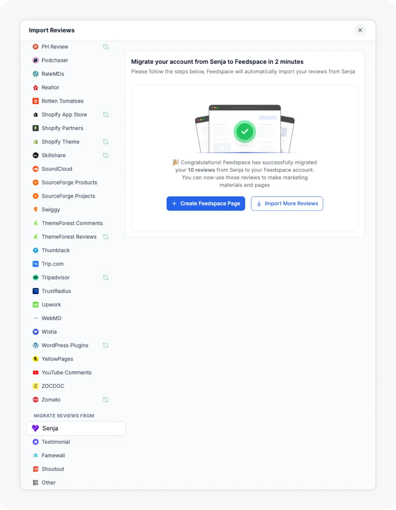 Enter URL and migrate reviews in Feedspace