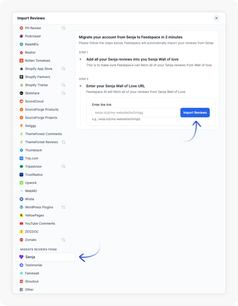 Select the platform for migration in Feedspace