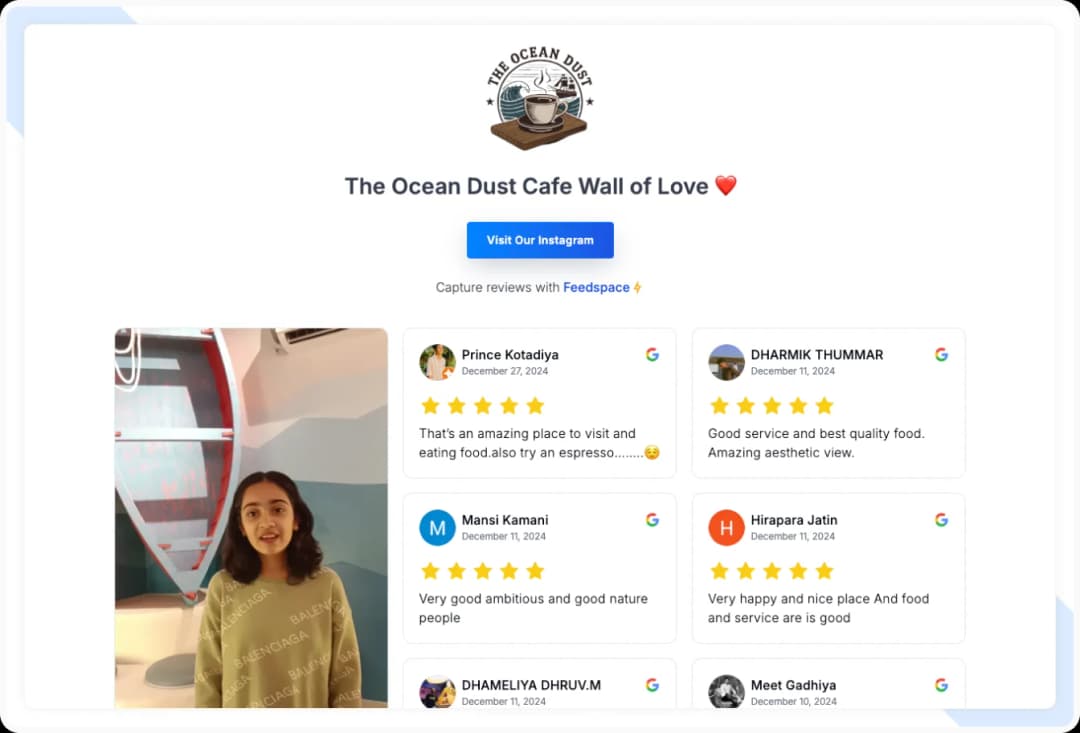 Ocean Dust Cafe testimonial wall of love page