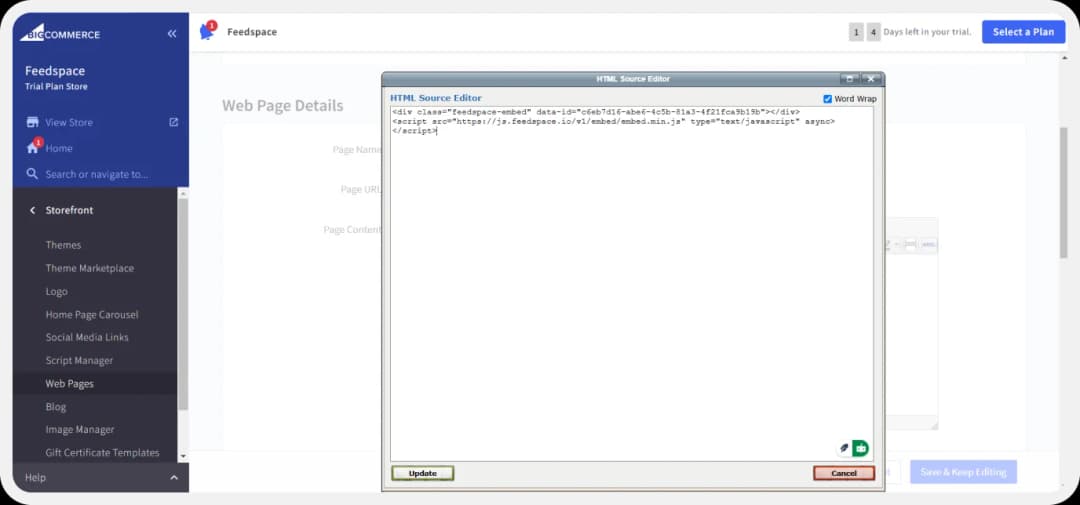 BigCommerce edit page with HTML embed code section to add Google Reviews