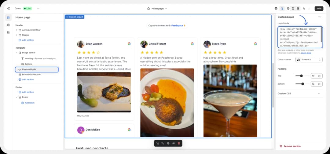 Add Google Reviews embed code in Shopify