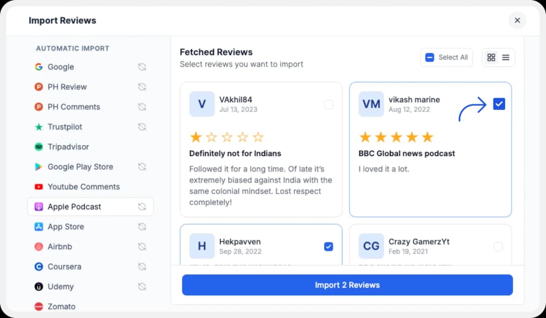 Selecting preferred Apple Podcast reviews for import