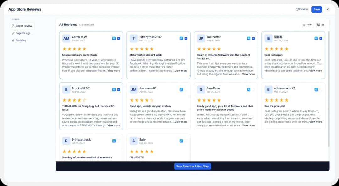 App Store reviews to add on website using wall of love
