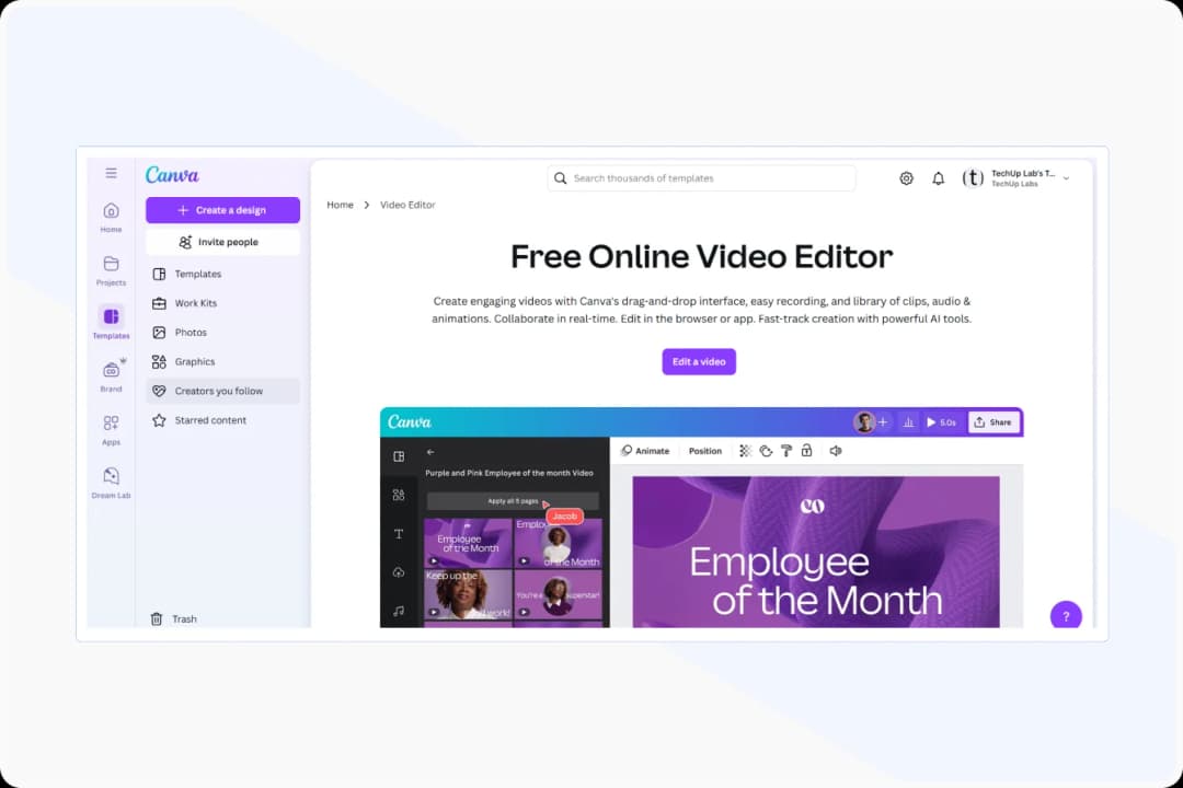 Canva Video editing interface with social media video templates