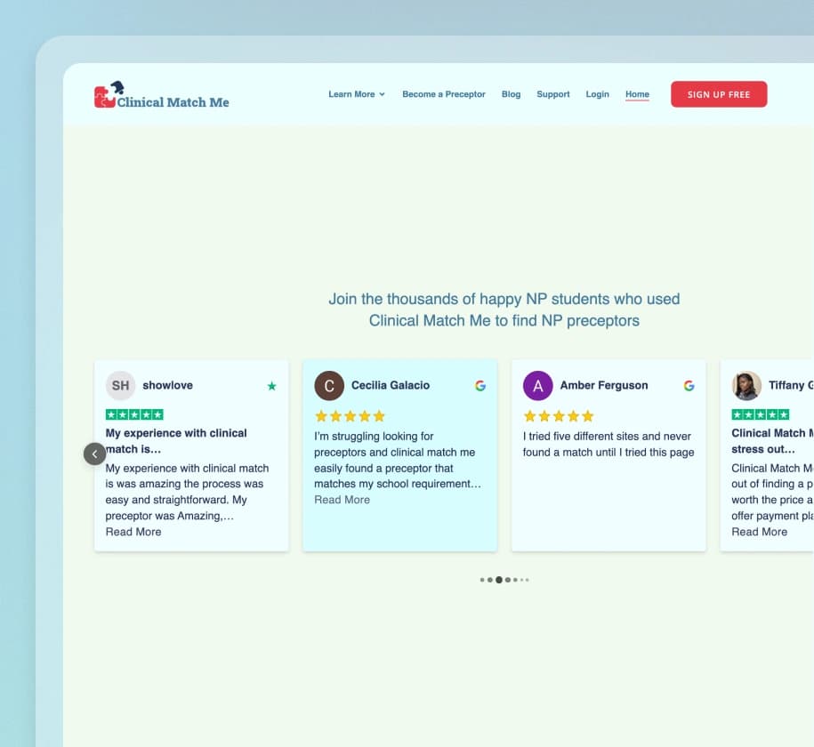ClinicalMatchMe website using Feedspace widgets