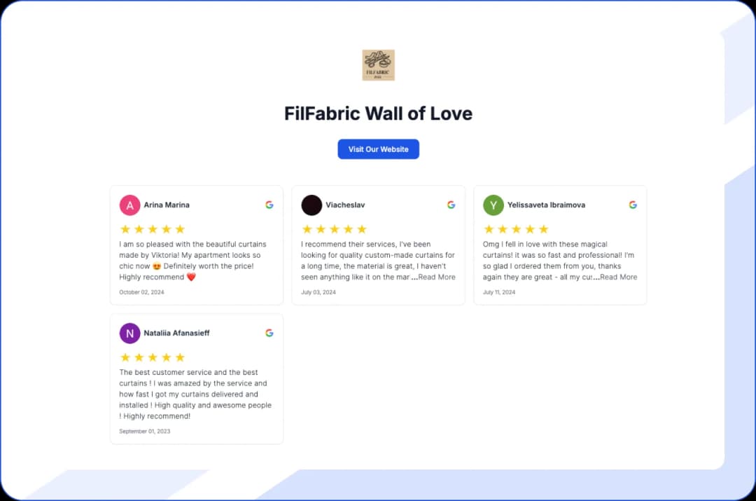 Import reviews from multiple platforms into one with Feedspace, and created a wall of love.