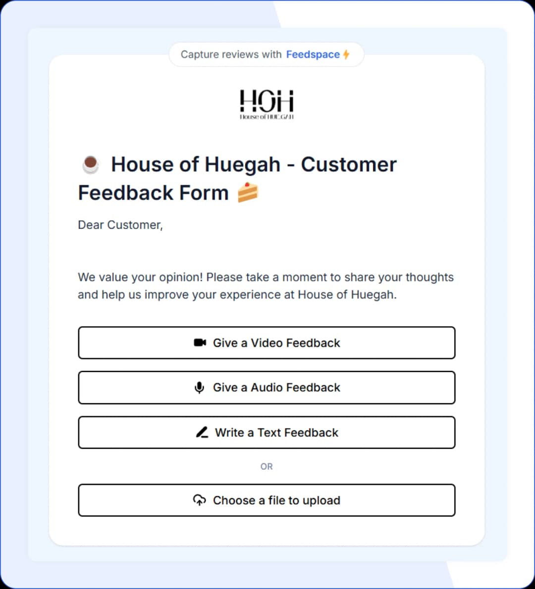 HoH feedback collection form showing multiple input options to collect feedback