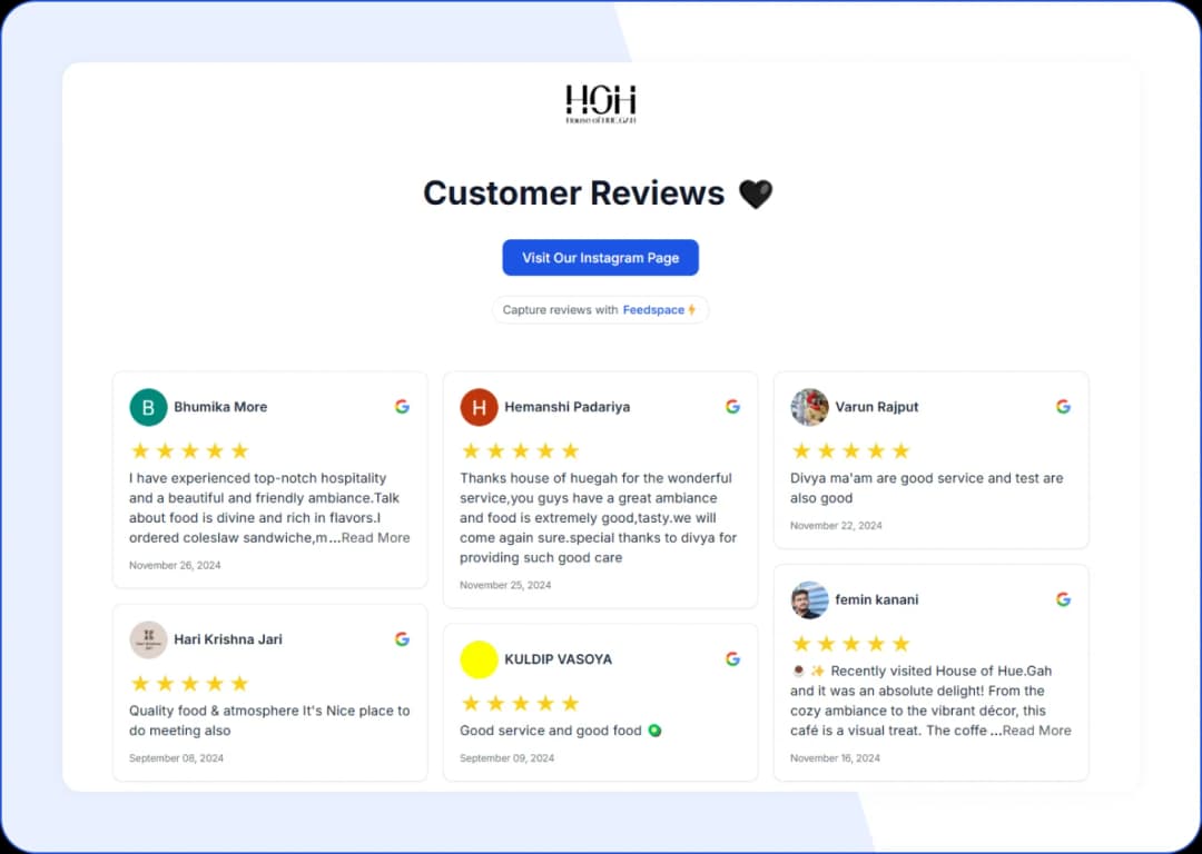 House of Huegah Cafe created beautiful wall of love with customer reviews using feedspace