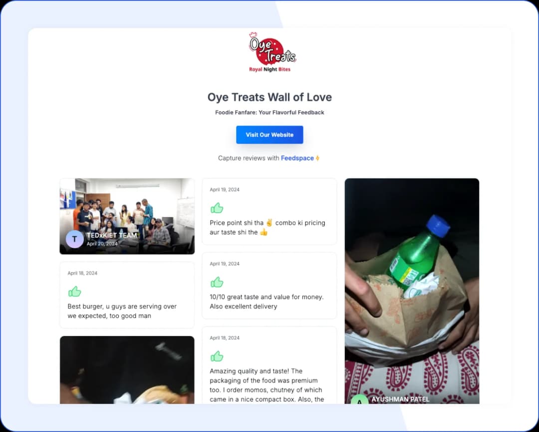 Oyo Treats Wall of Love showcasing imported customer reviews for trust and credibility.