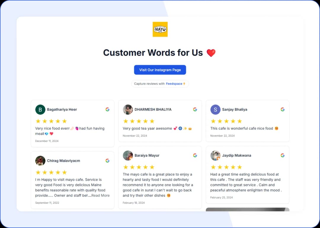 Mayo Cafe created beautiful wall of love with customer reviews using feedspace