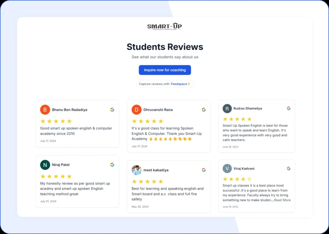 Smart Up Academy using wall of love to showcase student reviews