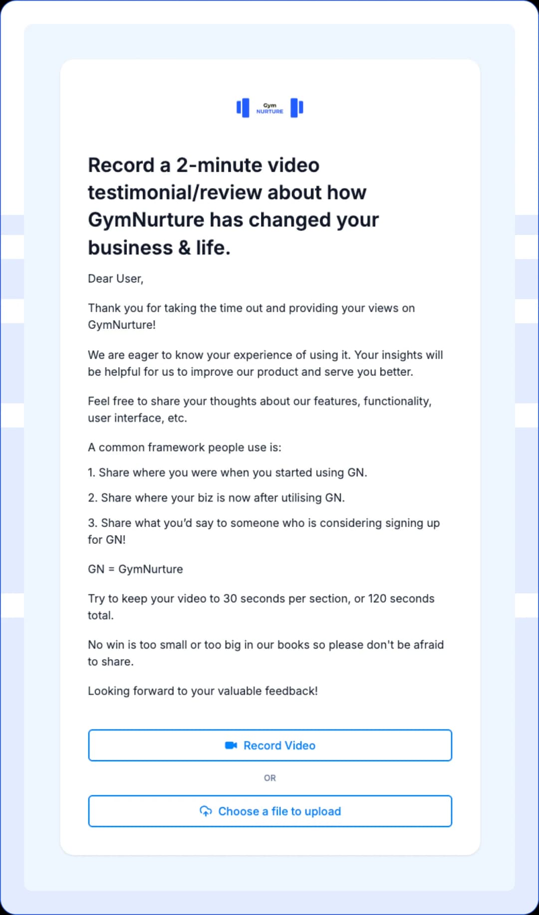 Video testimonial form for GymNurture