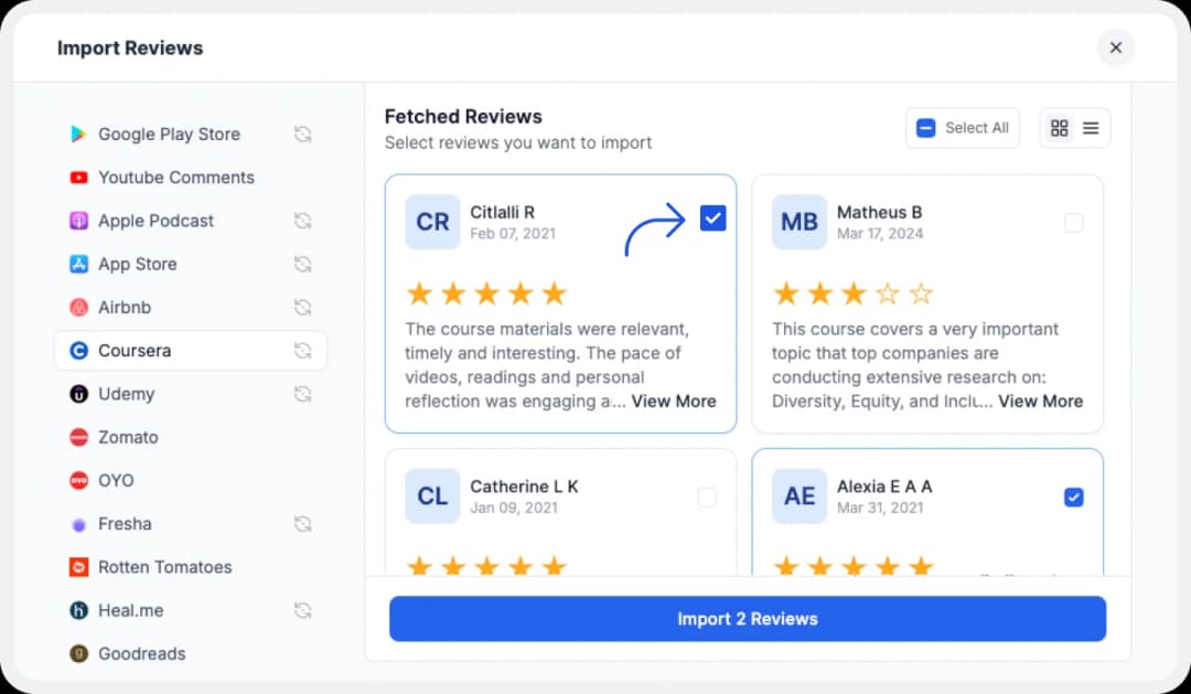 Selecting Favorites coursera reviews to import