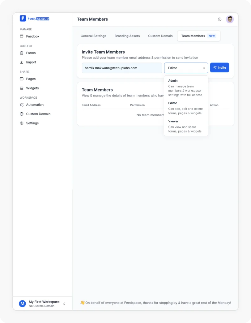 Add your team member’s email address