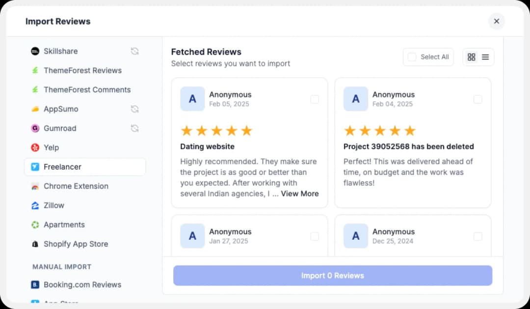 Preview of the list of reviews to import.