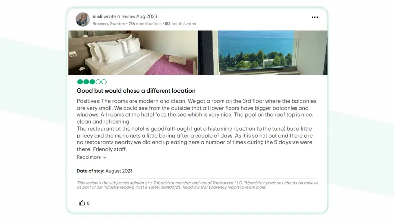 examples of good reviews for Hospitality industry