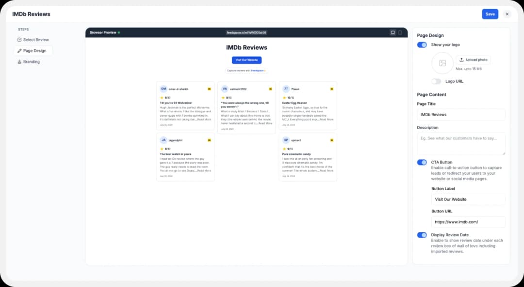 Display settings for customizing Wall of Love
