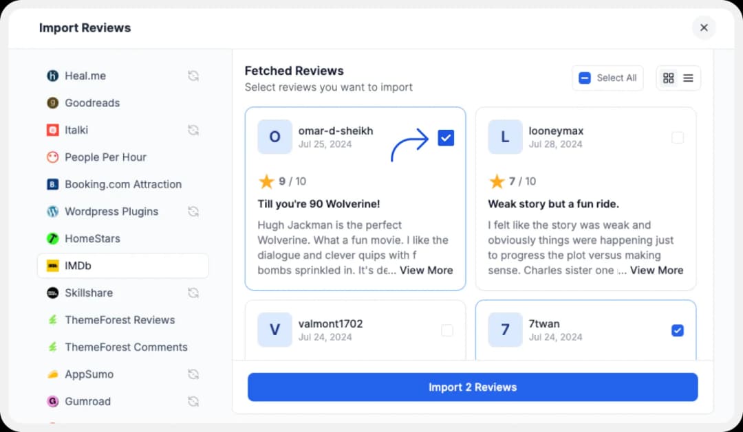 Choosing IMDb reviews reviews to import