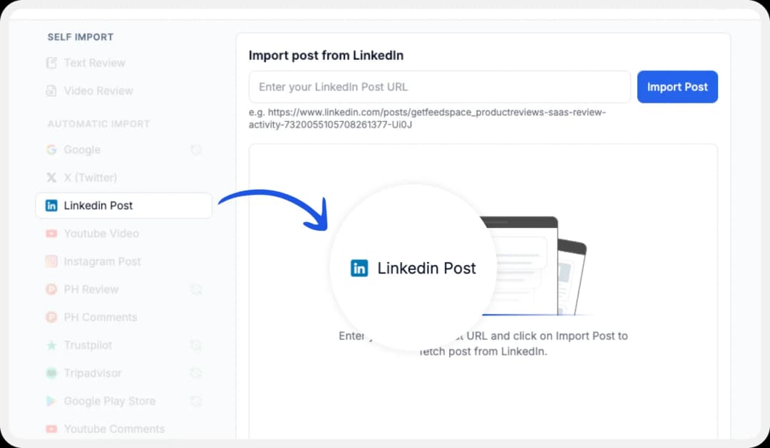 Select LinkedIn to import reviews on Feedspace