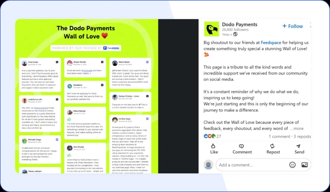 Dodo Payments team giving a heartfelt shoutout to Feedspace on LinkedIn