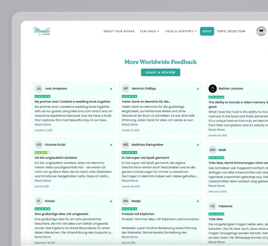 Meminto Stories website using Feedspace widgets