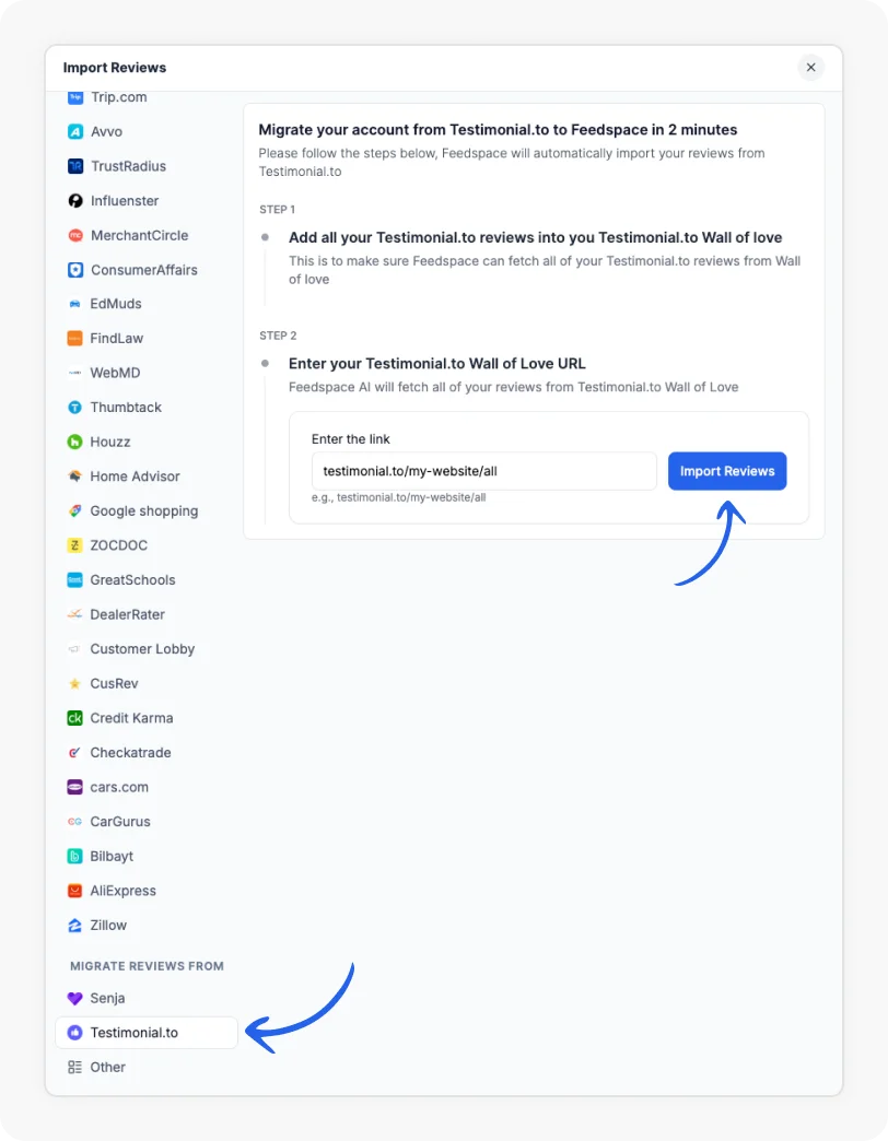 Import Testimonial.to reviews to Feedspace