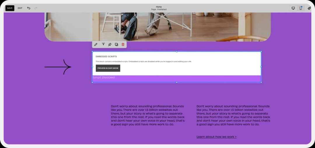 Pasting the Wall of Love embed code into the Squarespace Code block