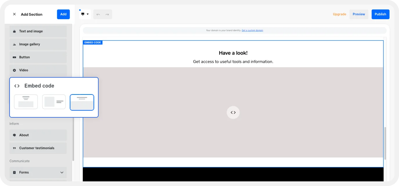 Dragging the embed code block in Weebly editor