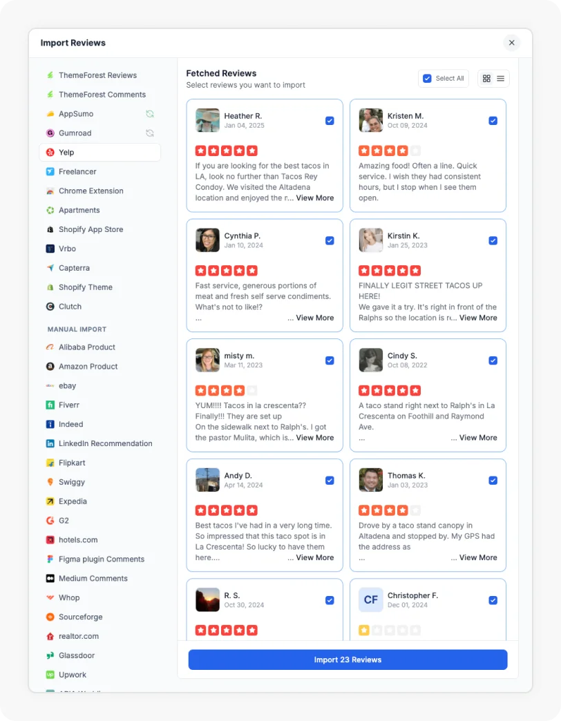 Select reviews from Yelp and click Import to add them to Feedspace