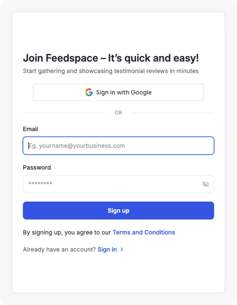 Sign Up Window to Create Feedspace Account