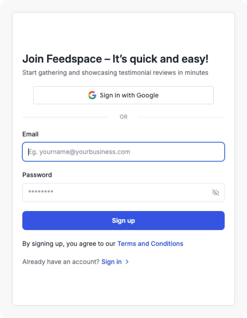 Sign Up Window to Create Feedspace Account