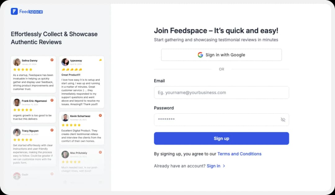 Sign up on Feedspace to collect and manage reviews